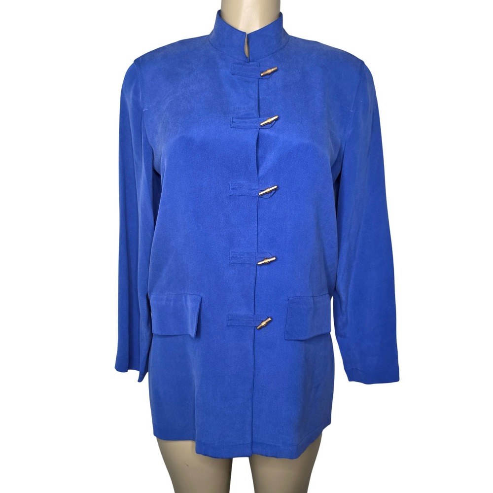 VTG Misho 100 Silk Jacket Women 6 Royal Blue Mandarin Collar Toggle Button Money